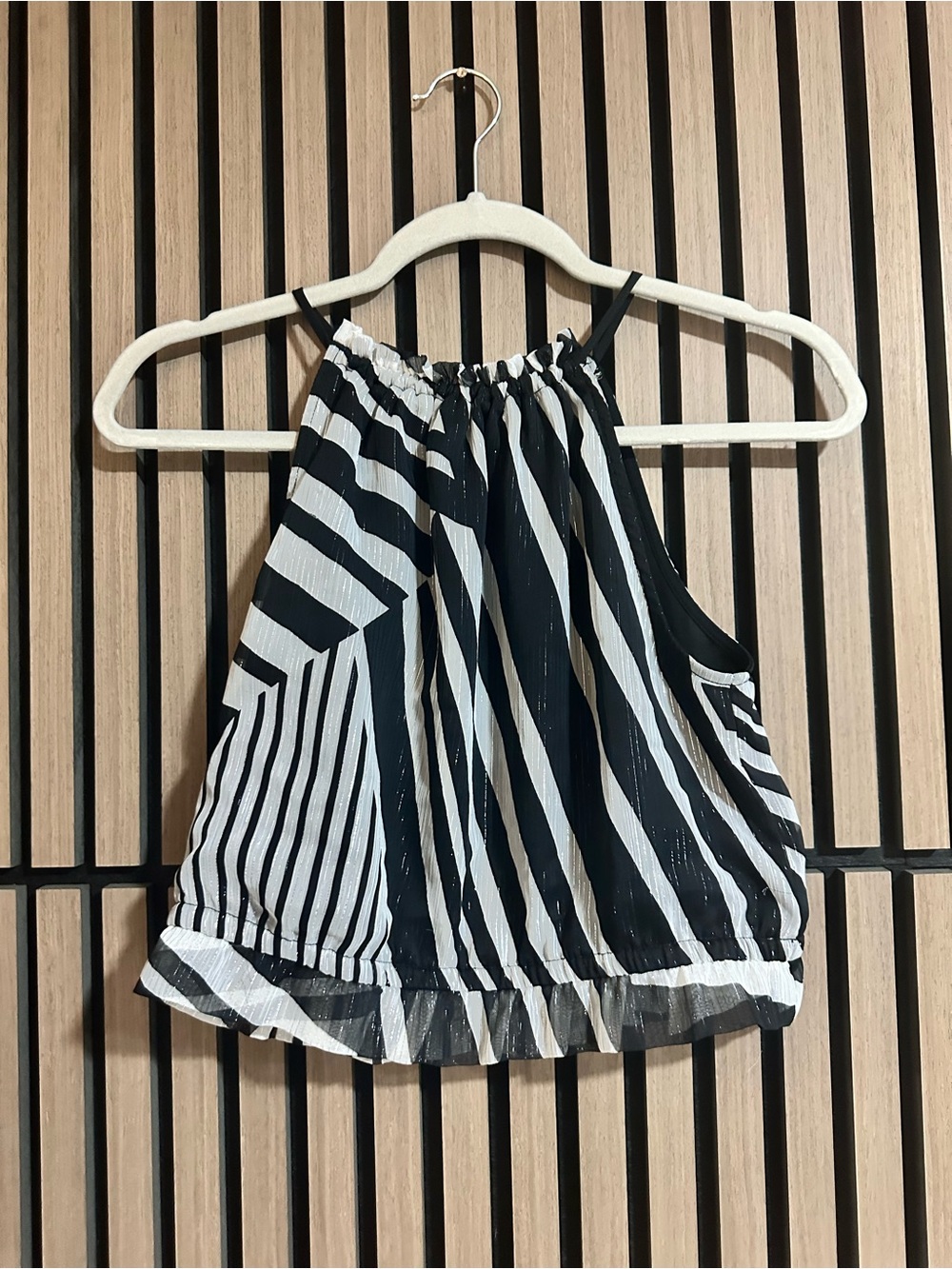 Express Women’s Black White Striped Metallic Halter Open Back Baby Doll Top S